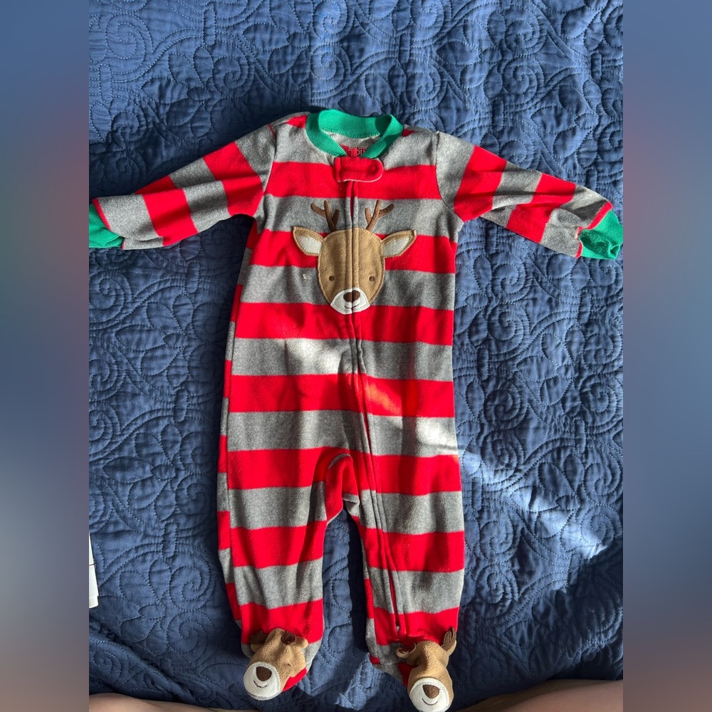 size 6 months just one you for carters gray and red striped Christmas pajamas.